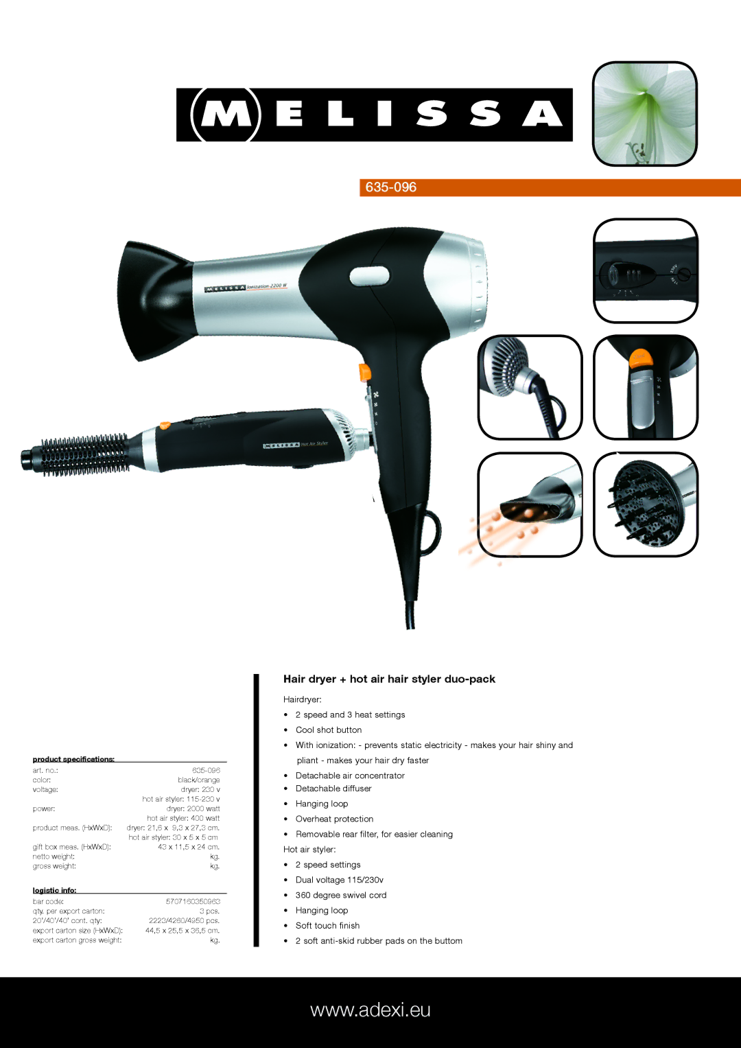 Melissa 635-096 specifications Hair dryer + hot air hair styler duo-pack, Product specifications, Logistic info 