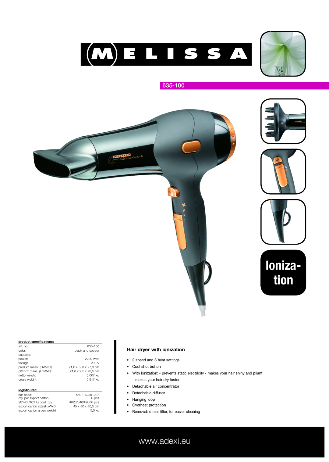 Melissa 635-100 specifications Ioniza Tion, Hair dryer with ionization, Product specifications, Logistic info 