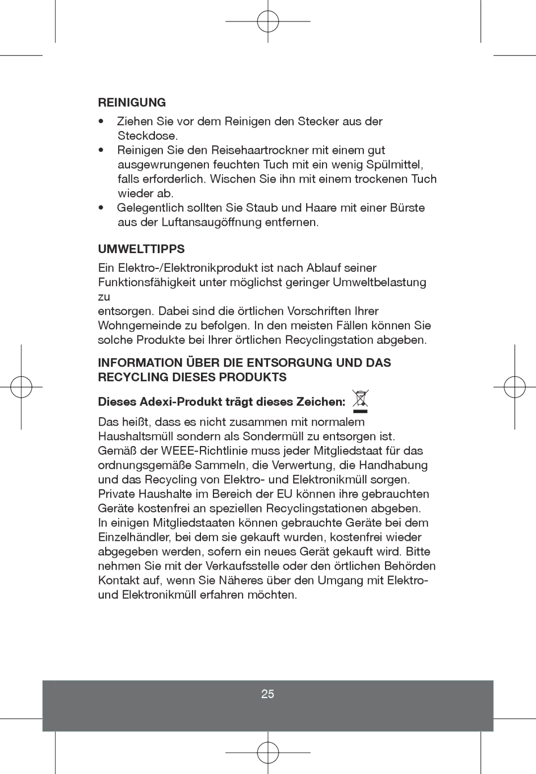 Melissa 635-101 manual Reinigung, Umwelttipps, Dieses Adexi-Produkt trägt dieses Zeichen 