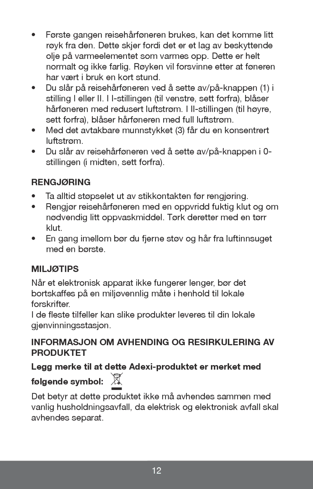 Melissa 635-101 manual Rengjøring, Informasjon OM Avhending OG Resirkulering AV Produktet 