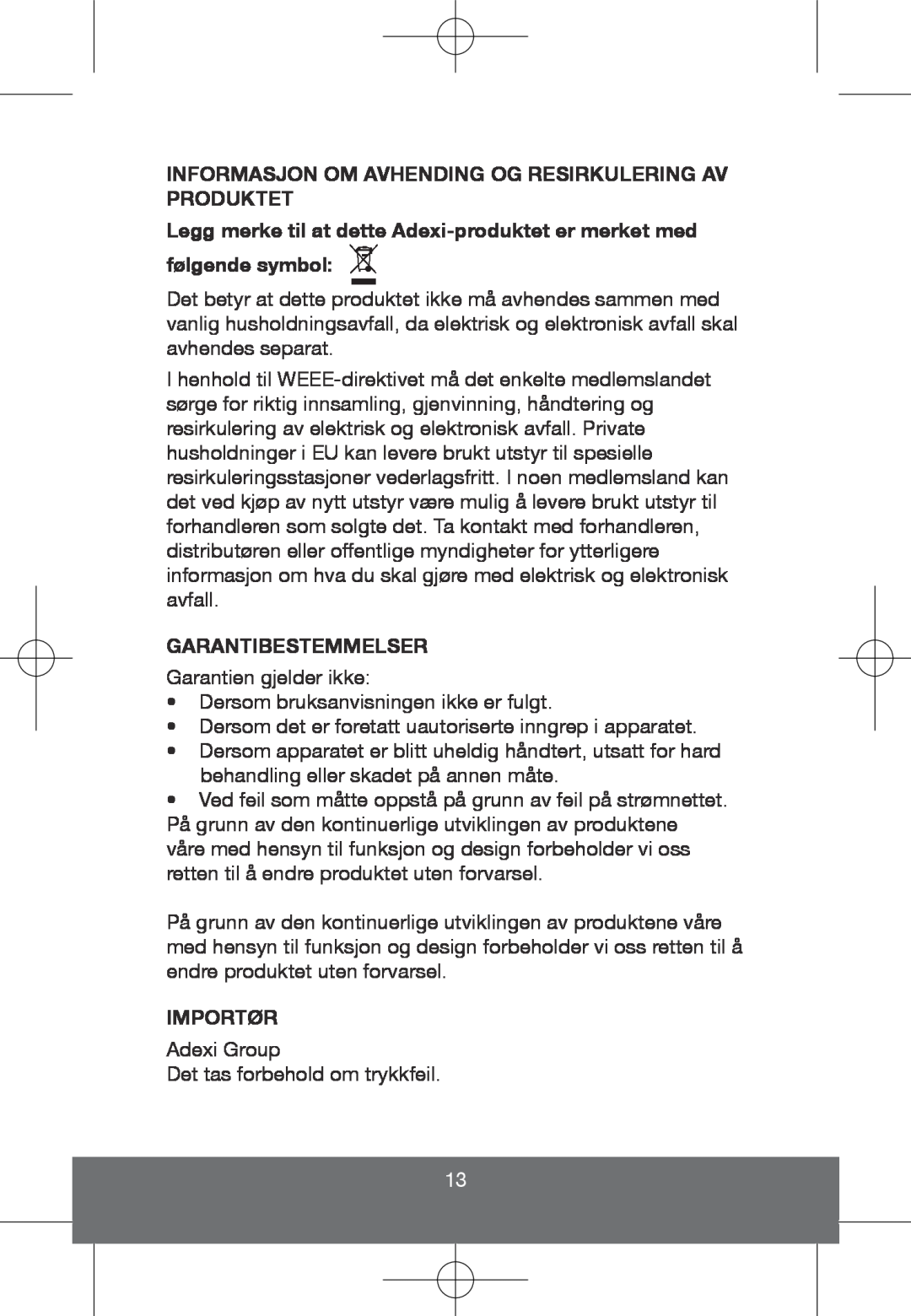 Melissa 635-101 manual Informasjon Om Avhending Og Resirkulering Av Produktet, Garantibestemmelser, Importør 