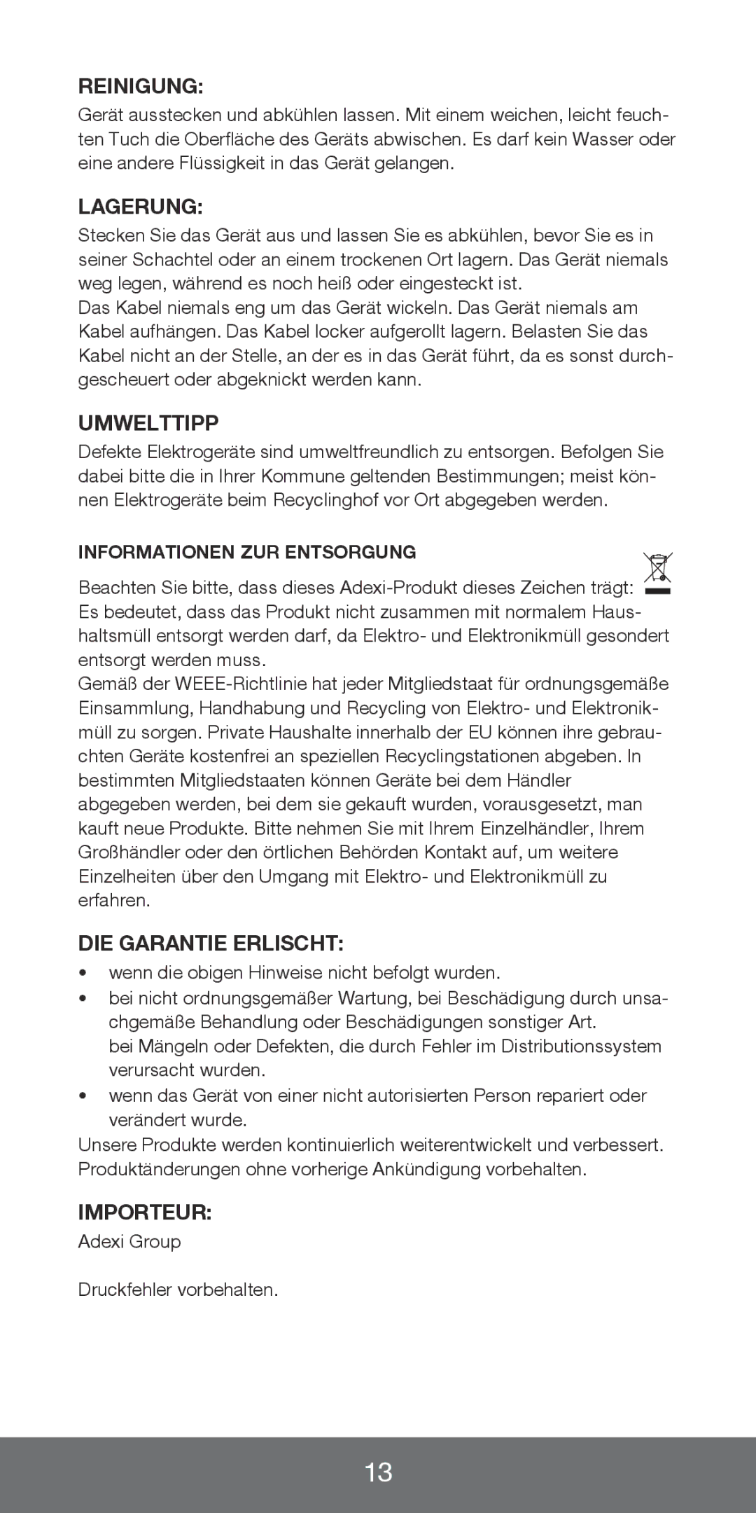 Melissa 635-074, 635-106 manual Reinigung, Lagerung, Umwelttipp, DIE Garantie Erlischt, Importeur 