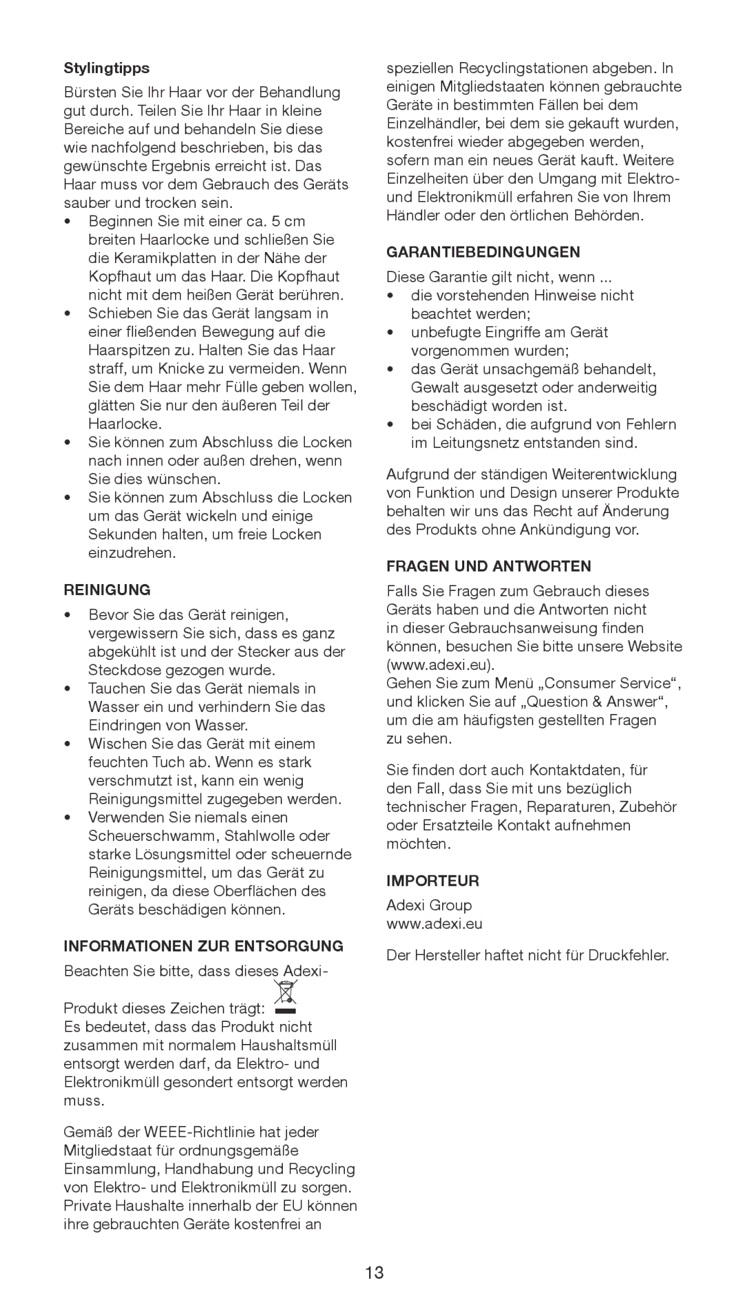 Melissa 635-107 manual Reinigung, Informationen ZUR Entsorgung, Garantiebedingungen, Fragen UND Antworten, Importeur 