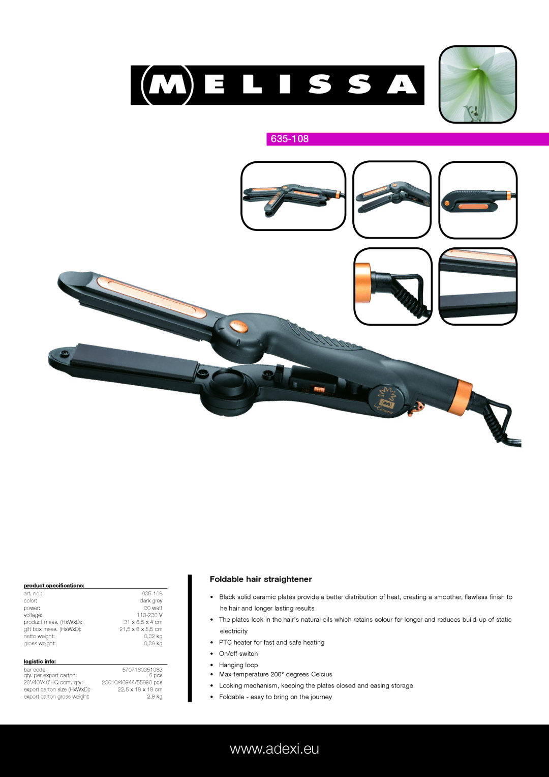 Melissa 635-108 specifications Foldable hair straightener, Product specifications, Logistic info 