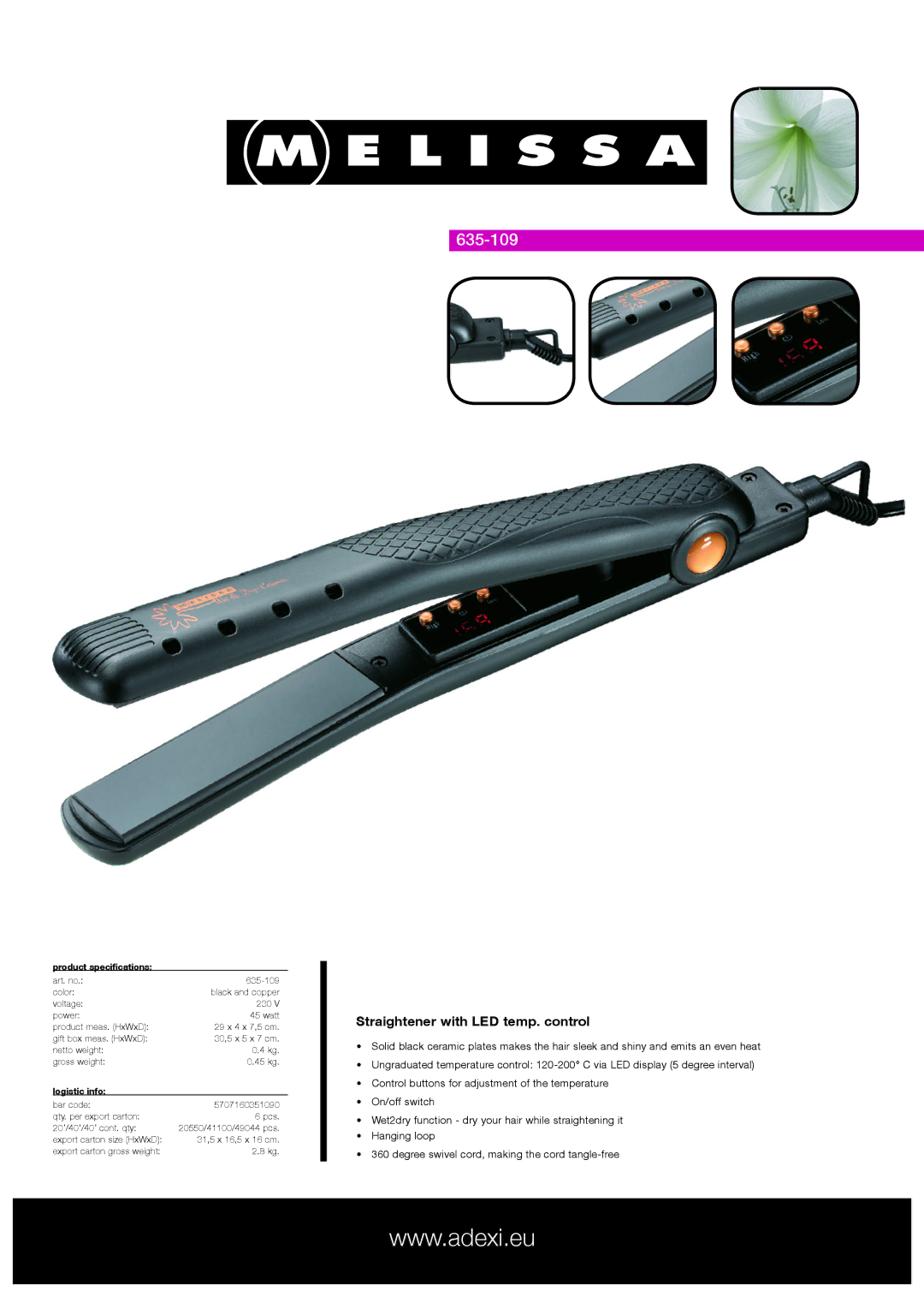 Melissa 635-109 specifications Straightener with LED temp. control, Product specifications, Logistic info 