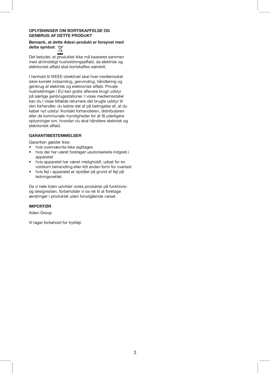 Melissa 635-119 manual Oplysninger OM Bortskaffelse OG Genbrug AF Dette Produkt, Garantibestemmelser, Importør 