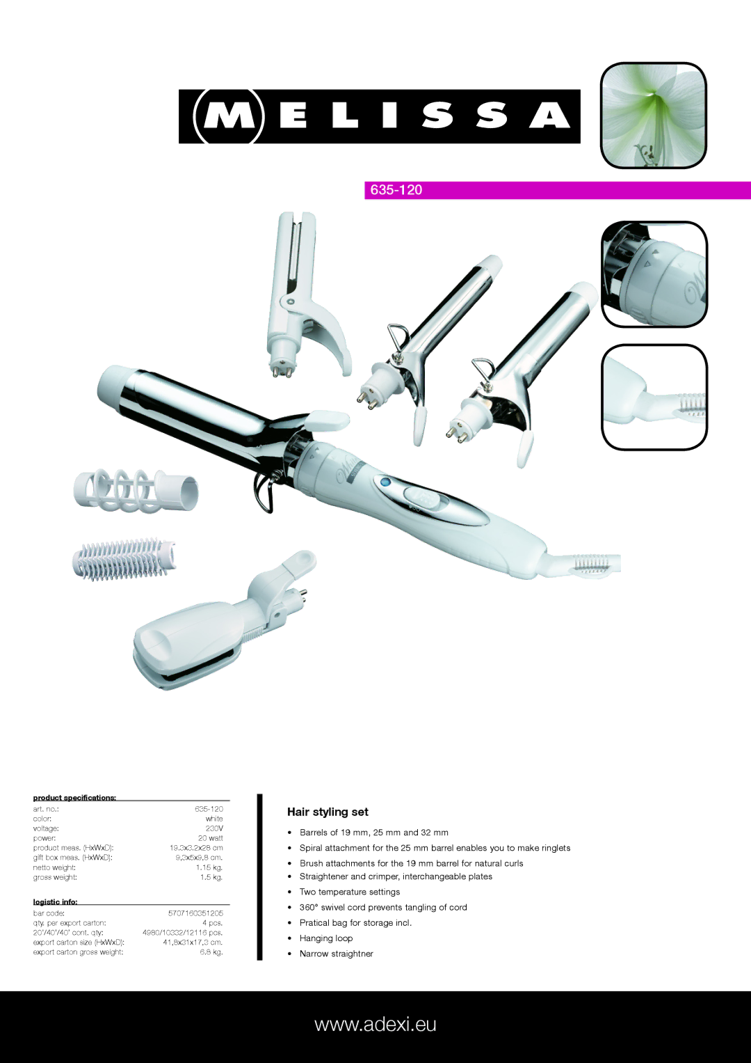 Melissa 635-120 specifications Hair styling set, Product specifications, Logistic info 