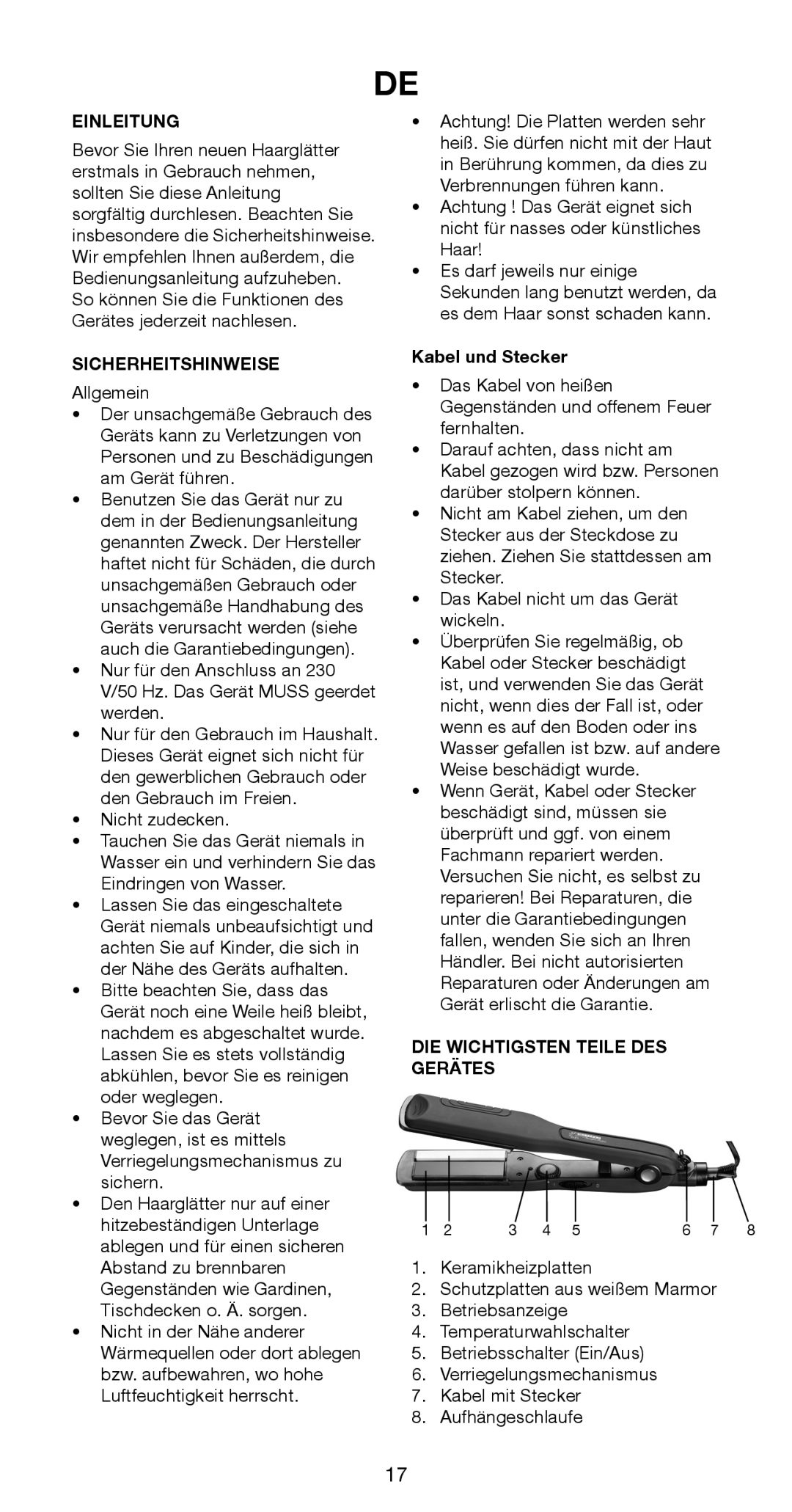 Melissa 635-122 manual Einleitung, Sicherheitshinweise, Kabel und Stecker, DIE Wichtigsten Teile DES Gerätes 