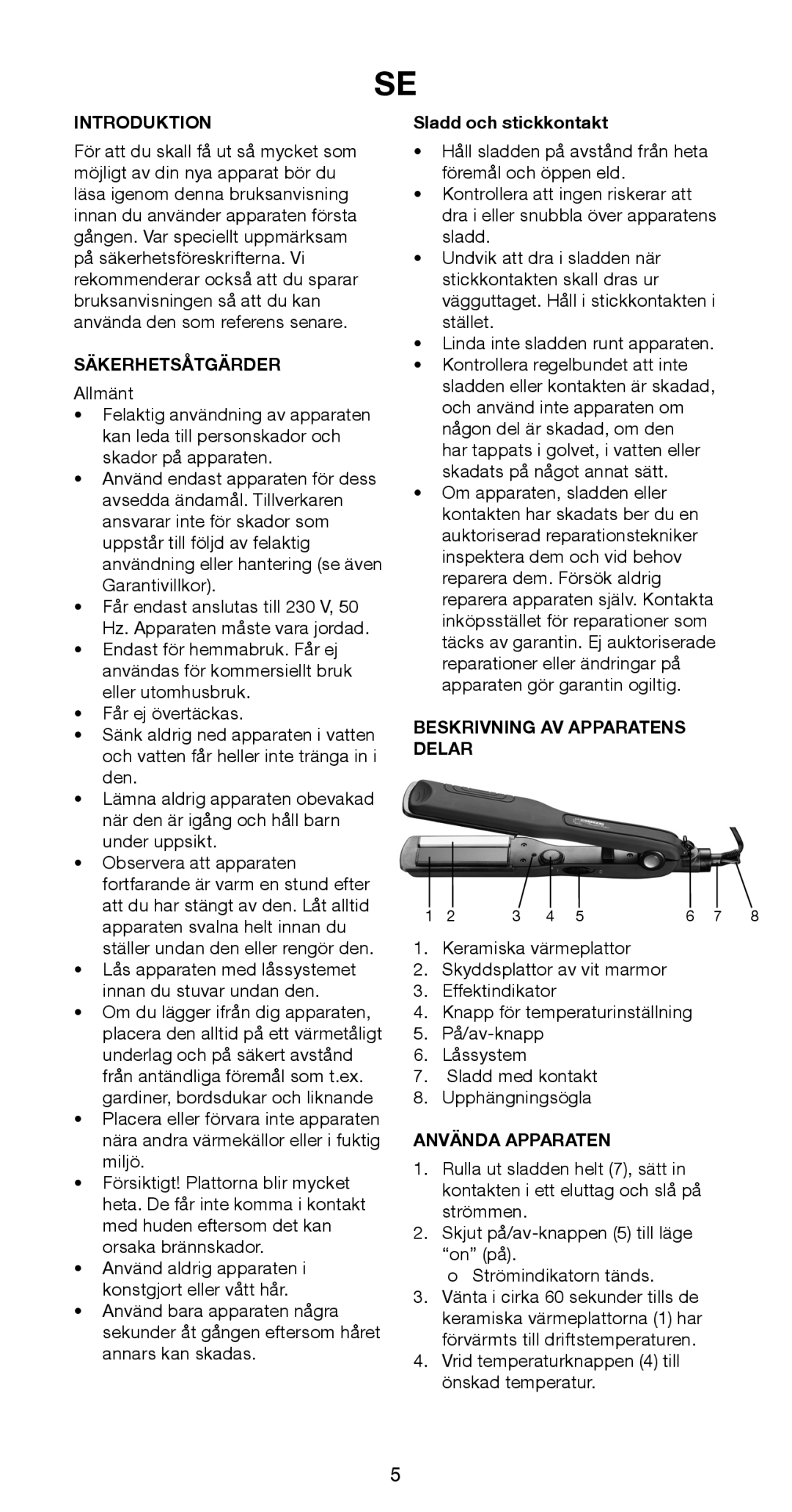 Melissa 635-122 manual Säkerhetsåtgärder, Sladd och stickkontakt, Beskrivning AV Apparatens Delar, Använda Apparaten 