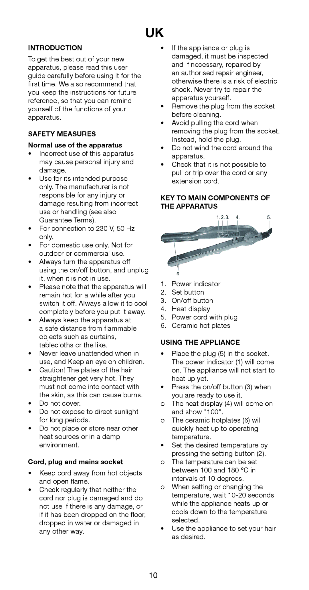 Melissa 635-124 manual Introduction, Safety Measures Normal use of the apparatus, Cord, plug and mains socket 