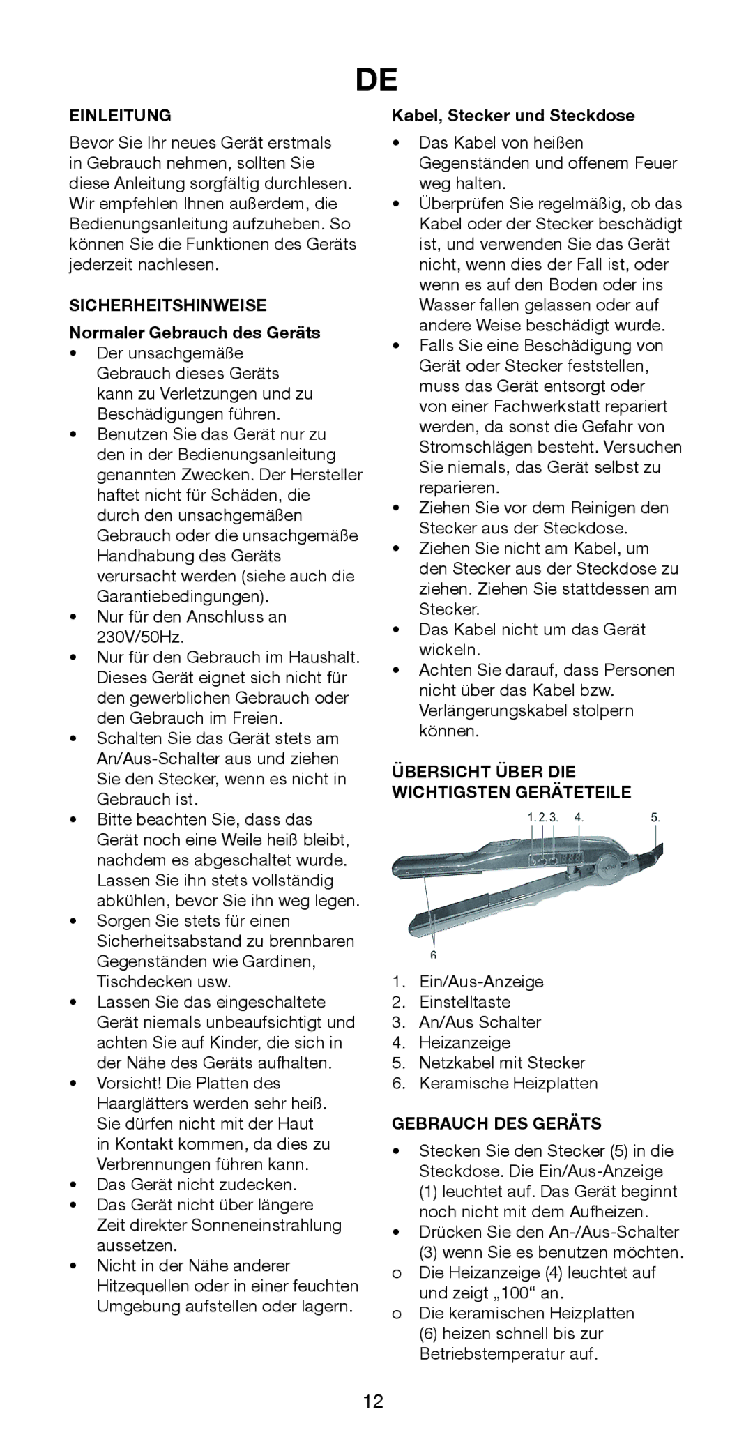 Melissa 635-124 manual Einleitung, Sicherheitshinweise Normaler Gebrauch des Geräts, Kabel, Stecker und Steckdose 