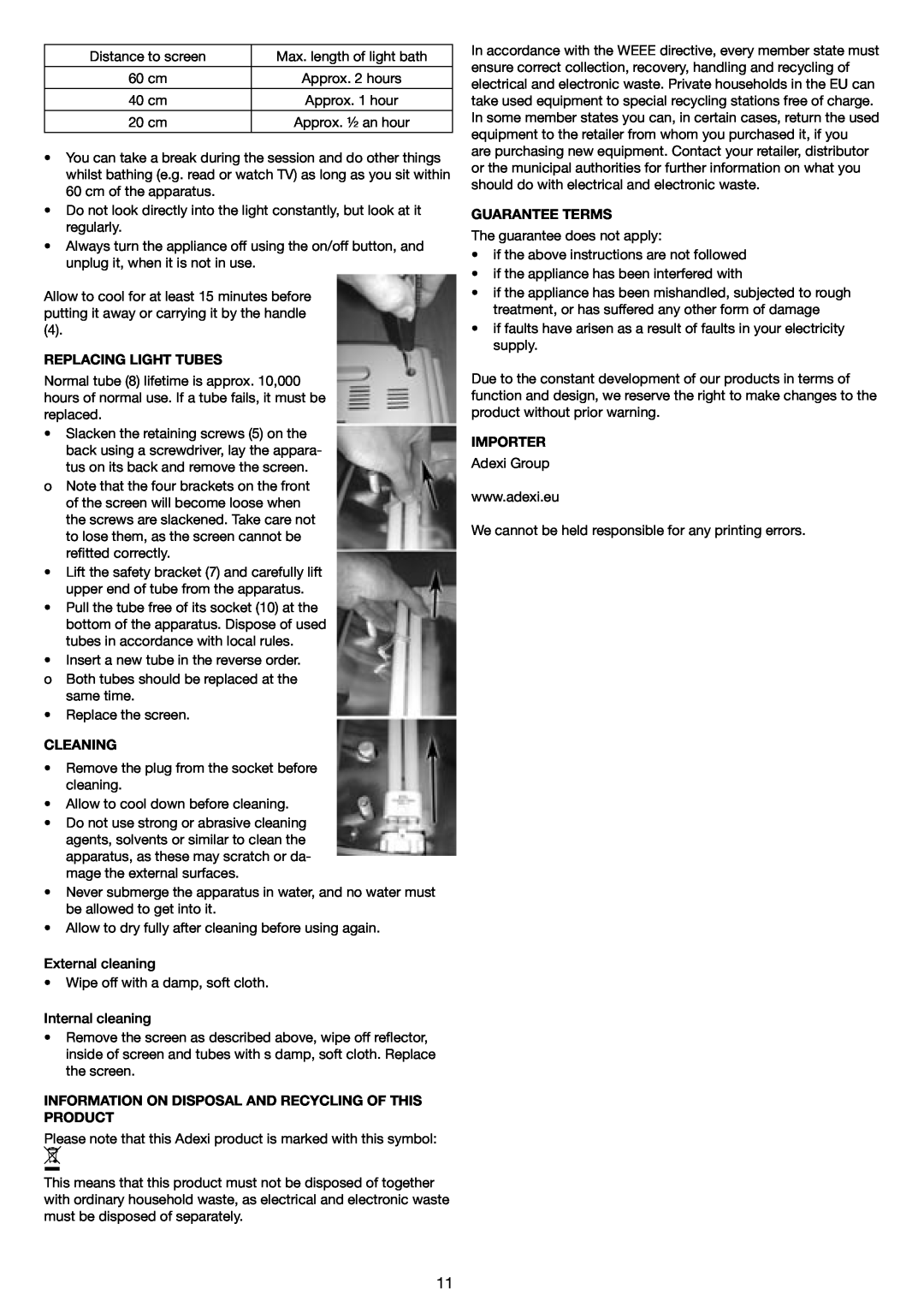 Melissa 637-001 manual Replacing Light Tubes, Cleaning, Guarantee Terms, Importer 