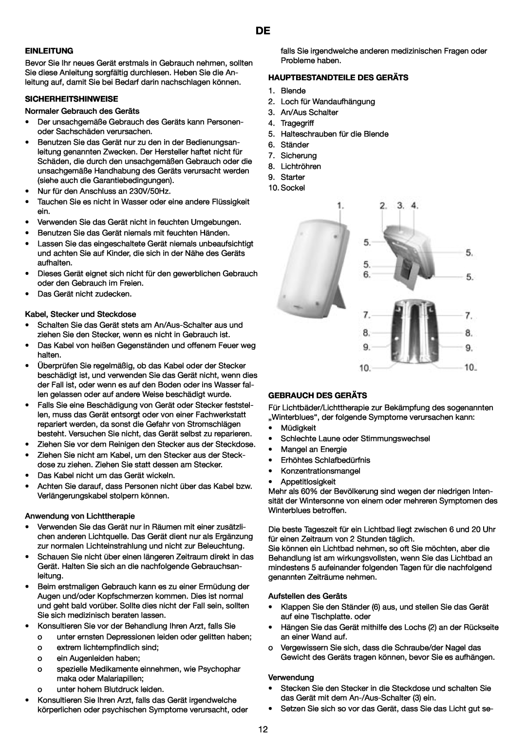 Melissa 637-001 manual Einleitung, Sicherheitshinweise, Hauptbestandteile Des Geräts, Gebrauch Des Geräts 