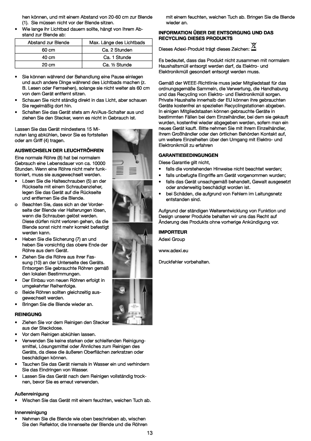 Melissa 637-001 manual Auswechseln Der Leuchtröhren, Reinigung, Garantiebedingungen, Importeur 