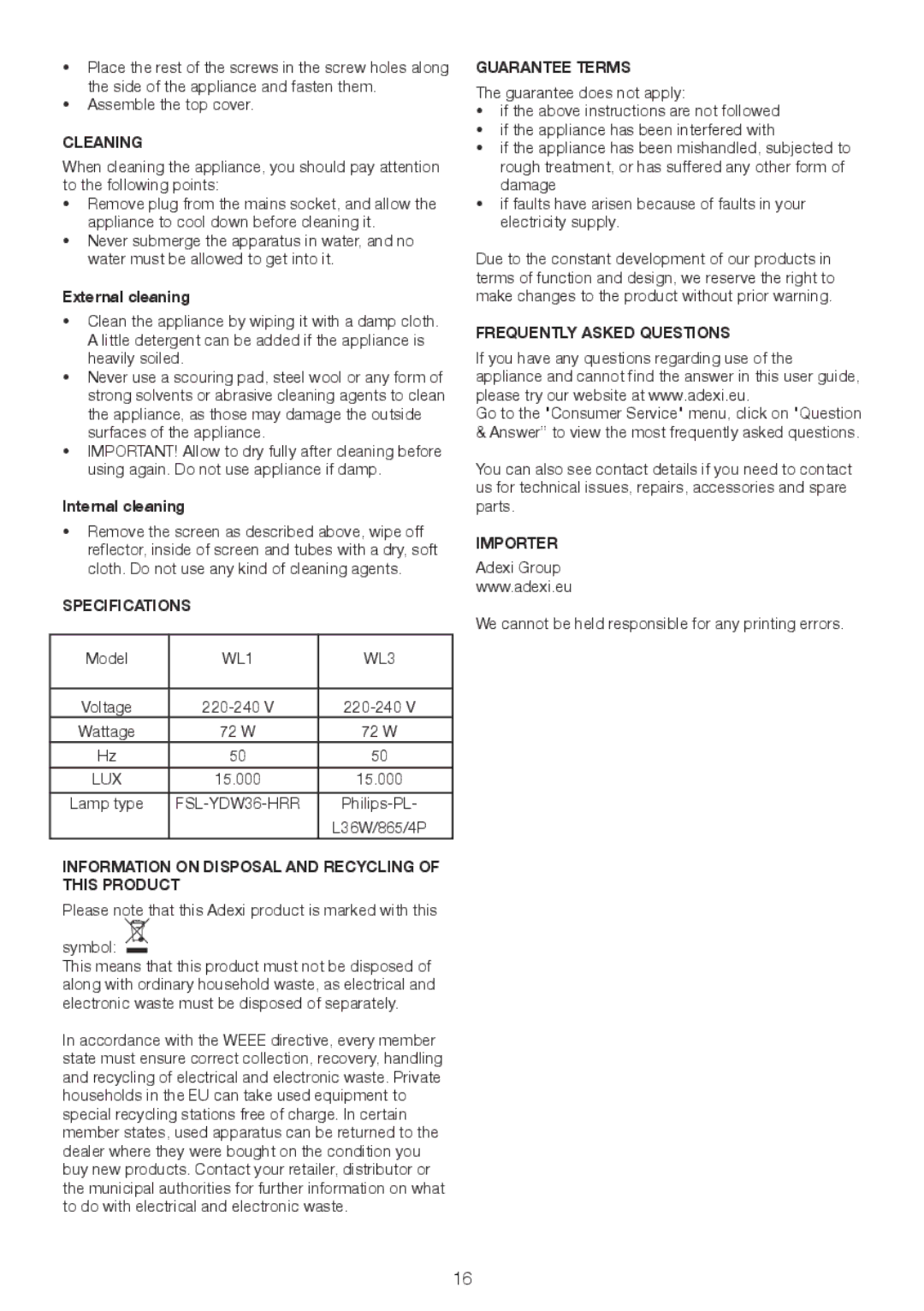 Melissa 637-005 Cleaning, Specifications, Information on Disposal and Recycling of this Product, Guarantee Terms, Importer 