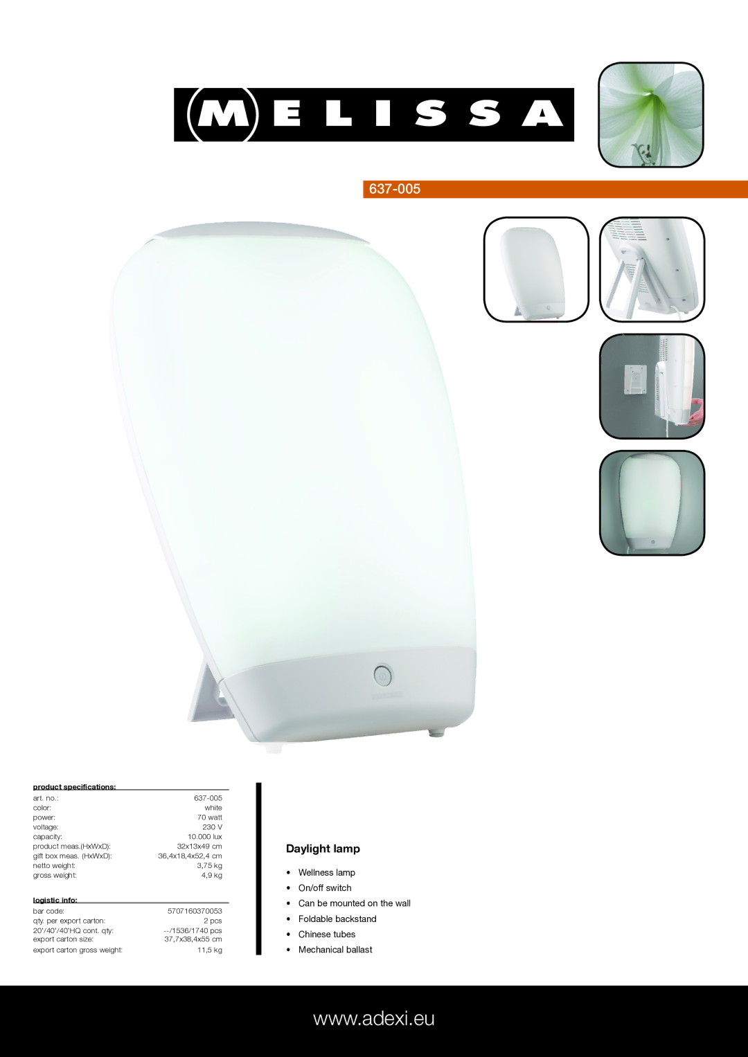 Melissa 637-005 specifications Daylight lamp, Product specifications, Logistic info 