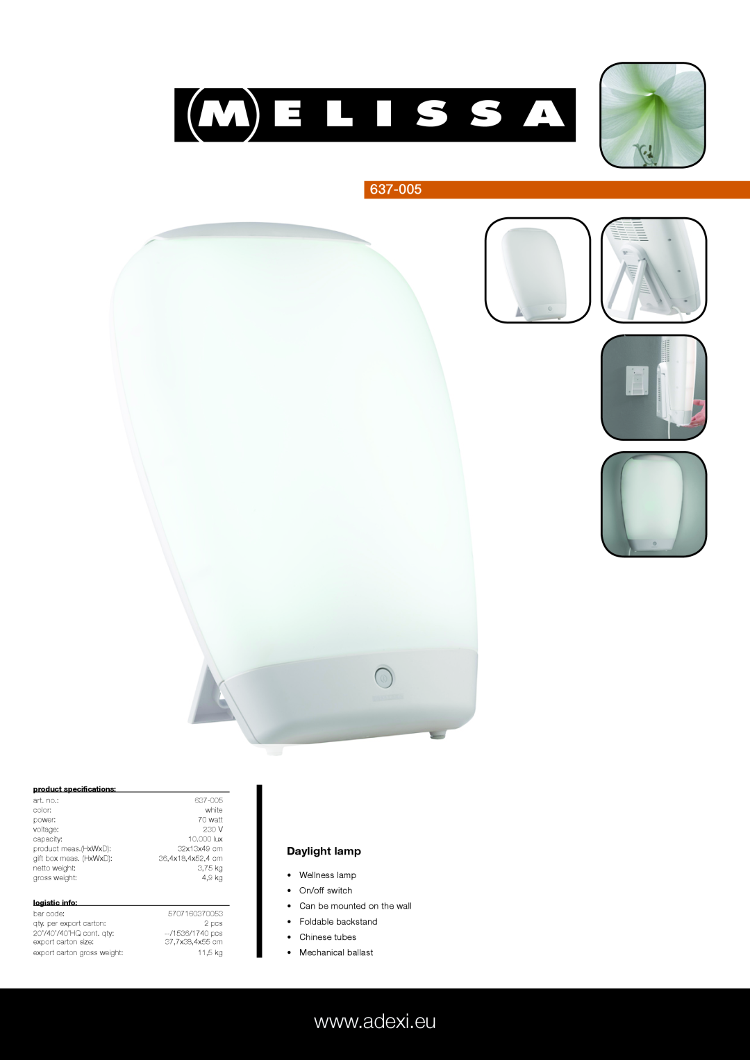 Melissa 637-005 specifications Daylight lamp, Wellness lamp On/off switch, Can be mounted on the wall Foldable backstand 