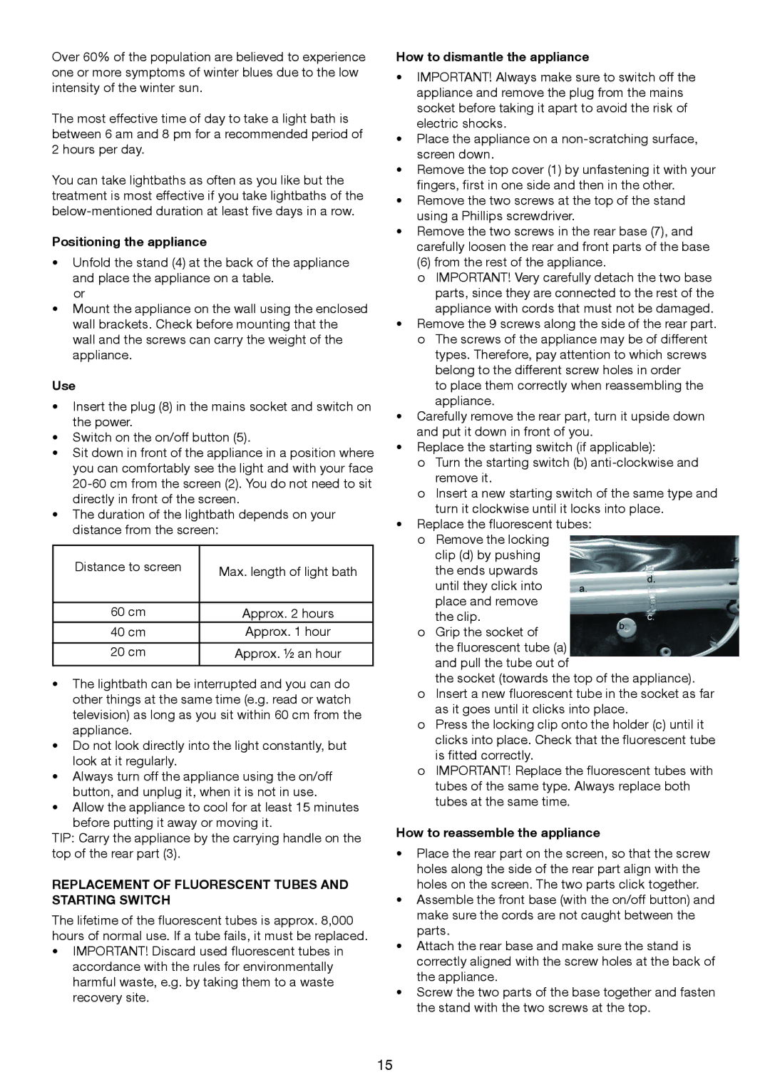 Melissa 637-006 manual Positioning the appliance, Use, Replacement of Fluorescent Tubes and Starting Switch 