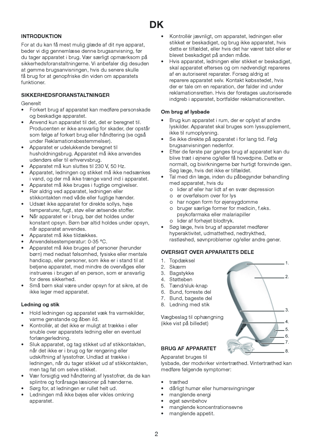 Melissa 637-006 manual Introduktion, Sikkerhedsforanstaltninger, Ledning og stik, Om brug af lysbade, Brug Af Apparatet 