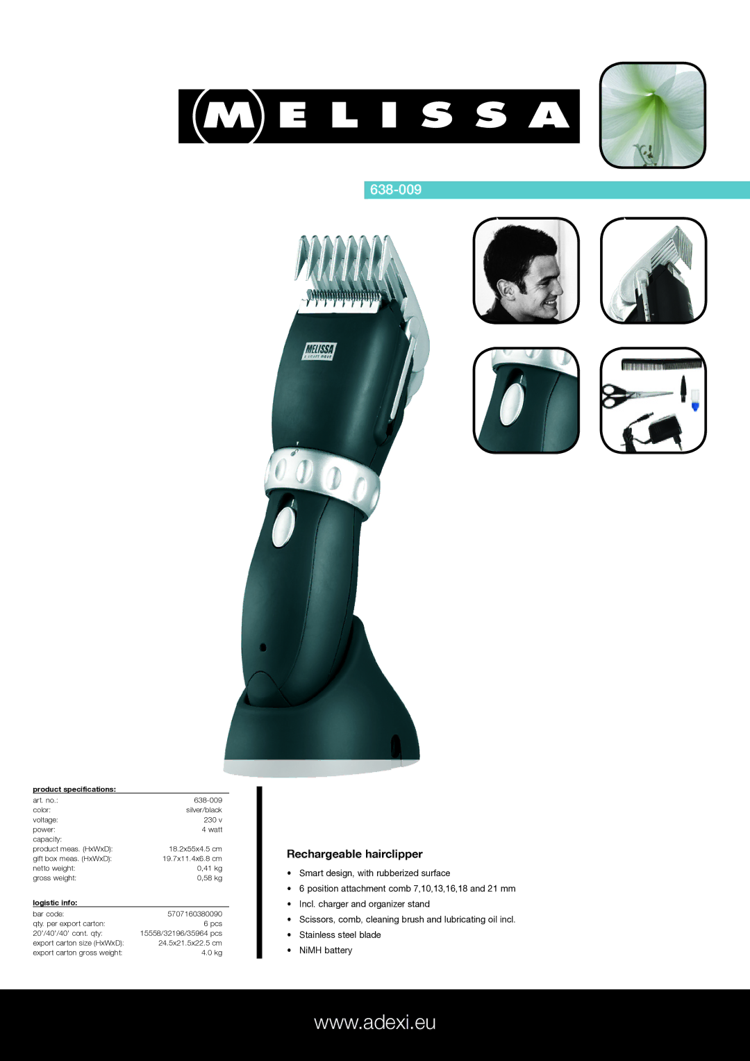 Melissa 638-009 specifications Rechargeable hairclipper, Product specifications, Logistic info 