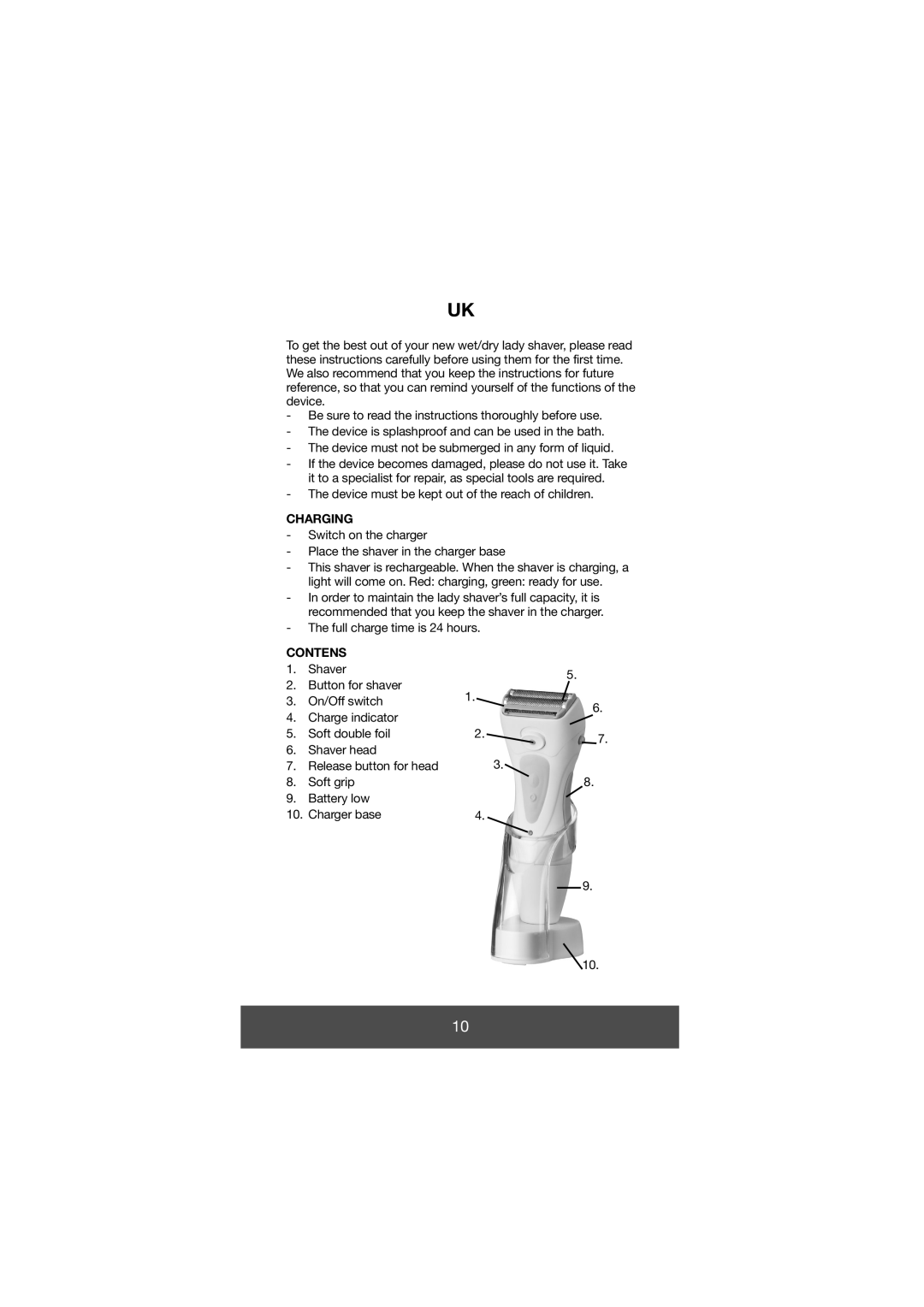 Melissa 638-018 manual Device must be kept out of the reach of children, Charging, Full charge time is 24 hours, Contens 