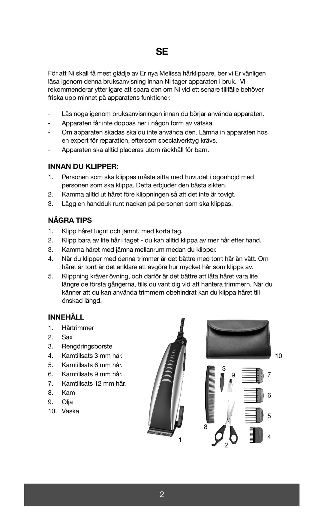 Melissa 638-132 manual Innan DU Klipper, Några Tips, Innehåll 