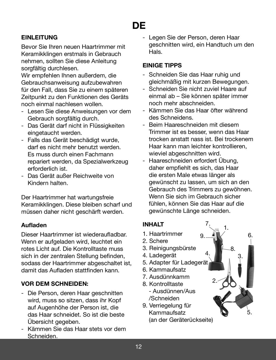 Melissa 638-133 manual Einleitung, Auﬂaden, VOR DEM Schneiden, Einige Tipps, Inhalt 