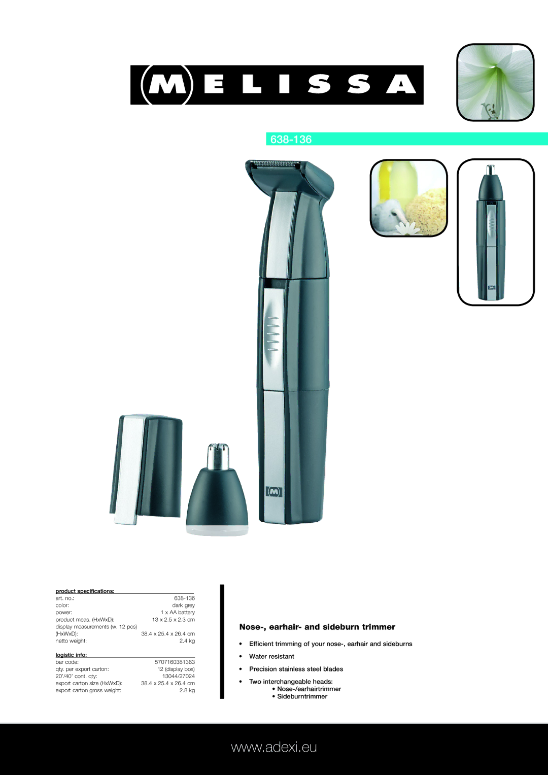 Melissa 638-136 specifications Nose-, earhair- and sideburn trimmer 