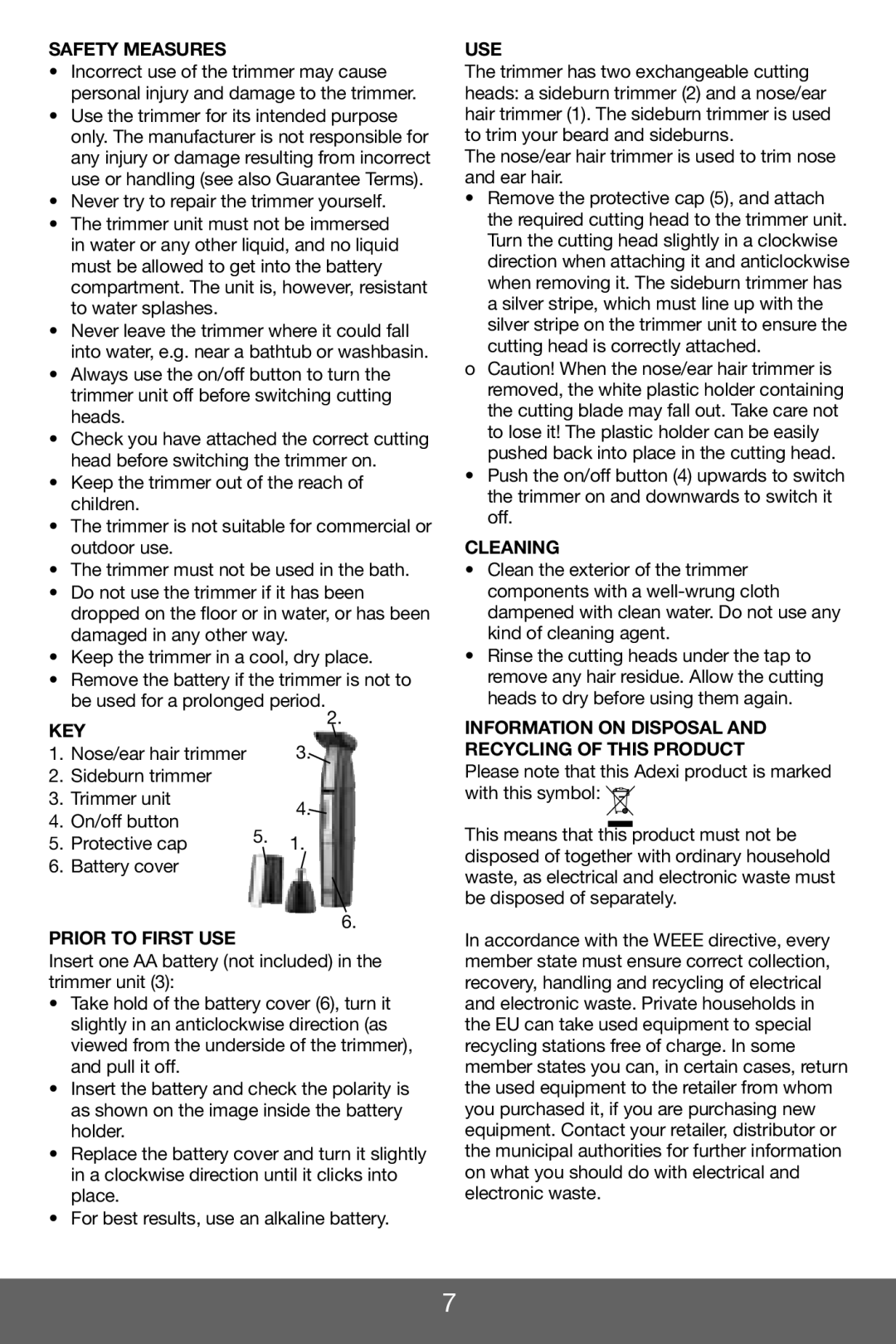 Melissa 638-136/142 manual Safety Measures, Key, Use, Cleaning, Information on Disposal and Recycling of this Product 