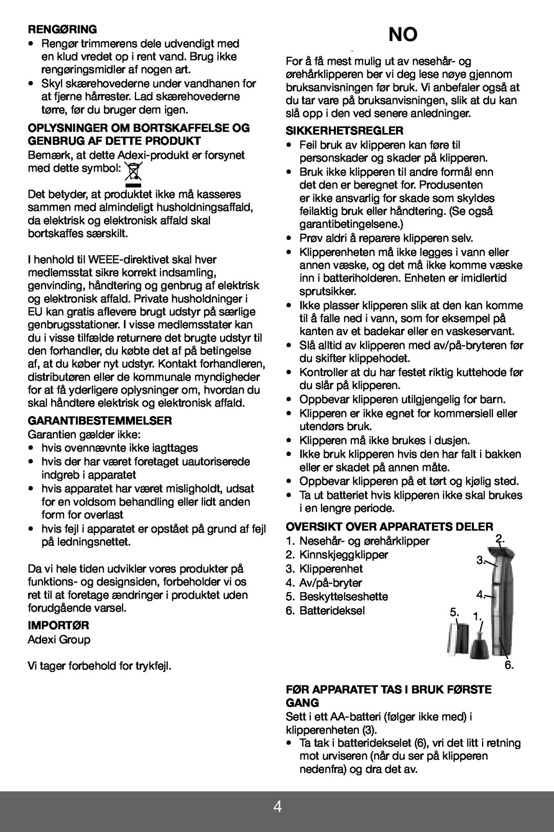 Melissa 638-136/142 manual Rengøring, Garantibestemmelser, Importør, Sikkerhetsregler, Oversikt Over Apparatets Deler 