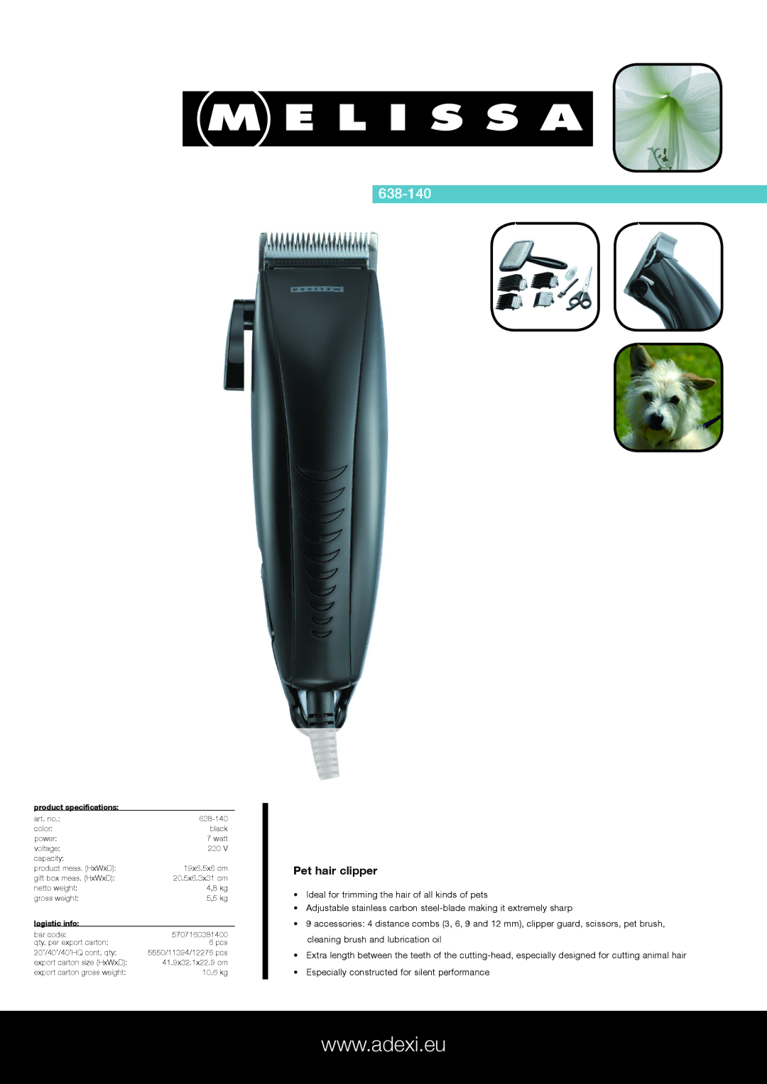 Melissa 638-140 specifications Pet hair clipper, Product specifications, Logistic info 