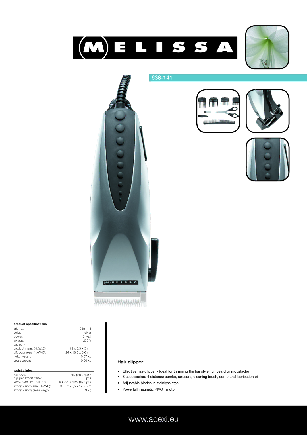 Melissa 638-141 specifications Hair clipper, Product specifications, Logistic info 