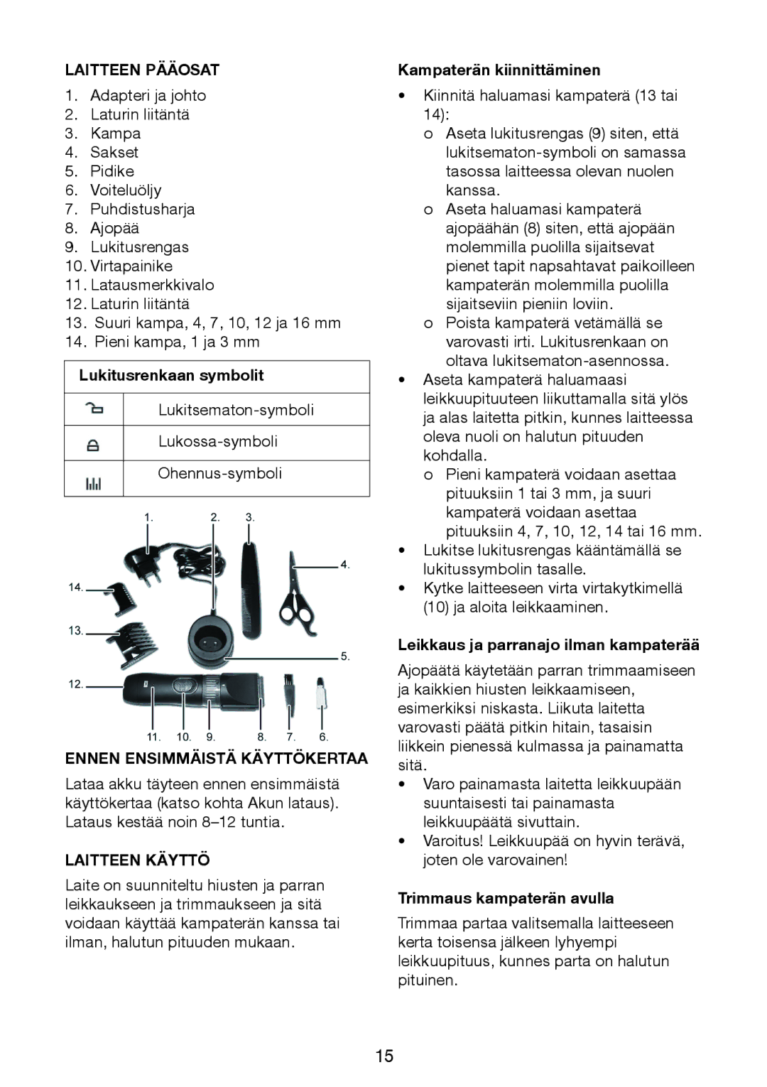 Melissa 638-144 manual Laitteen Pääosat, Ennen Ensimmäistä Käyttökertaa, Laitteen Käyttö 