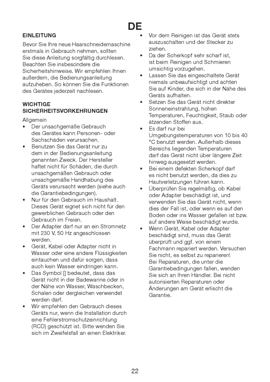 Melissa 638-144 manual Einleitung, Wichtige Sicherheitsvorkehrungen 