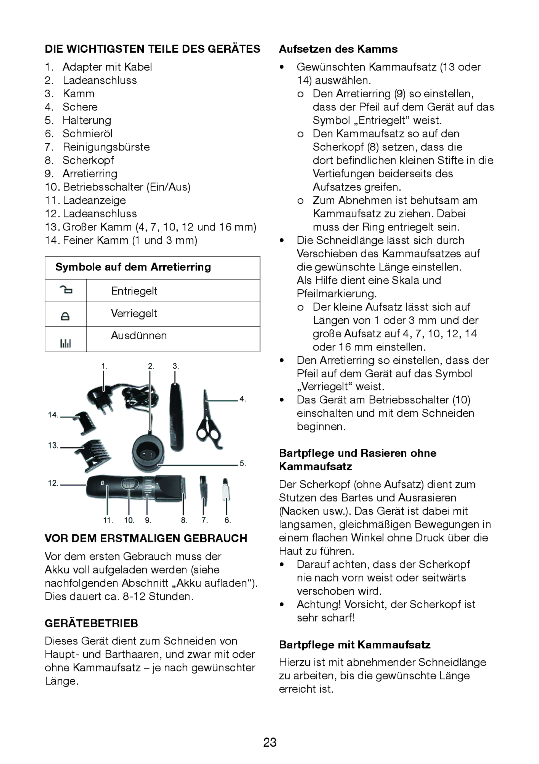 Melissa 638-144 manual DIE Wichtigsten Teile DES Gerätes, VOR DEM Erstmaligen Gebrauch, Gerätebetrieb 