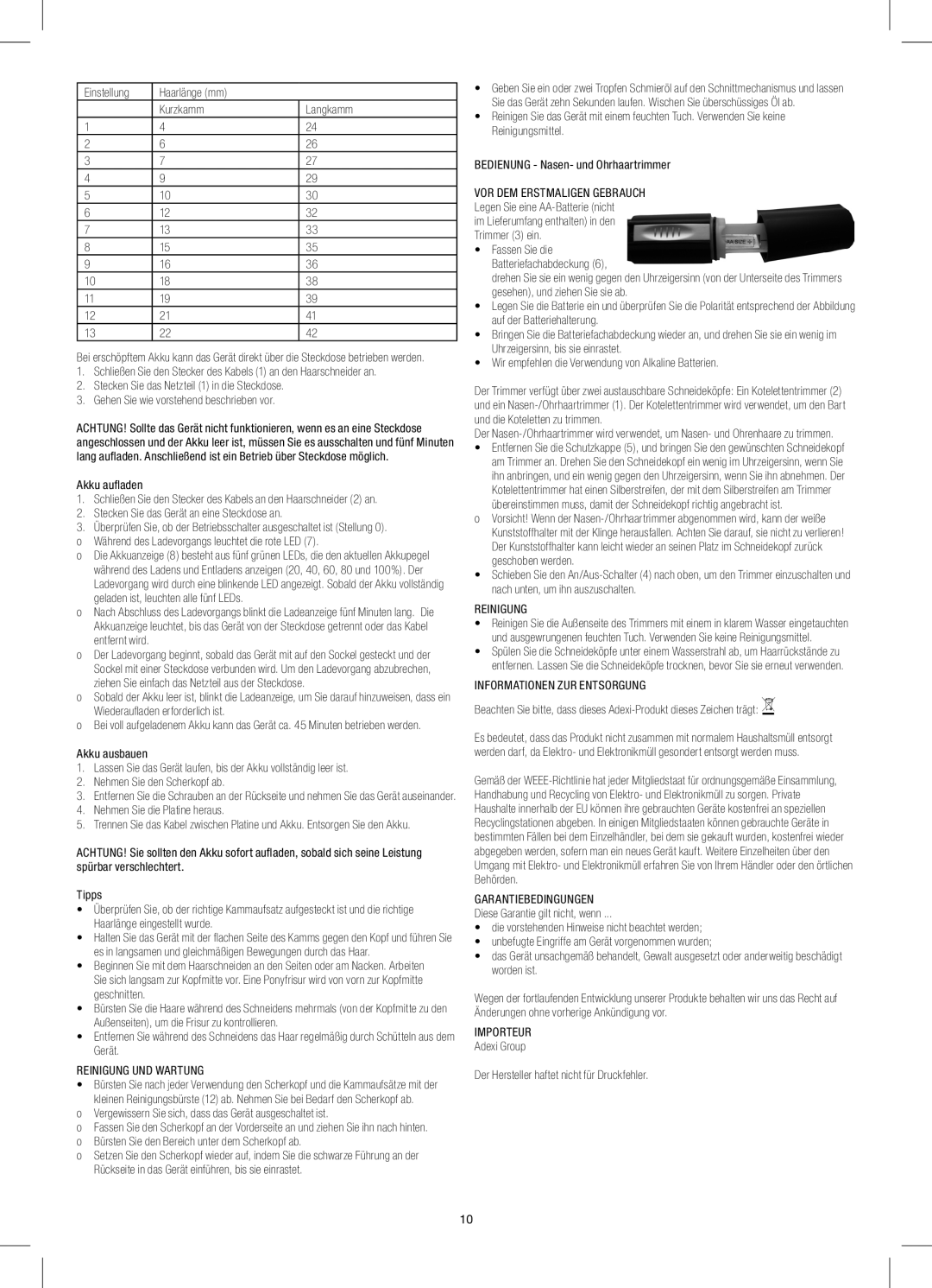 Melissa 638-149 manual Reinigung UND Wartung, Informationen ZUR Entsorgung, Garantiebedingungen, Importeur 