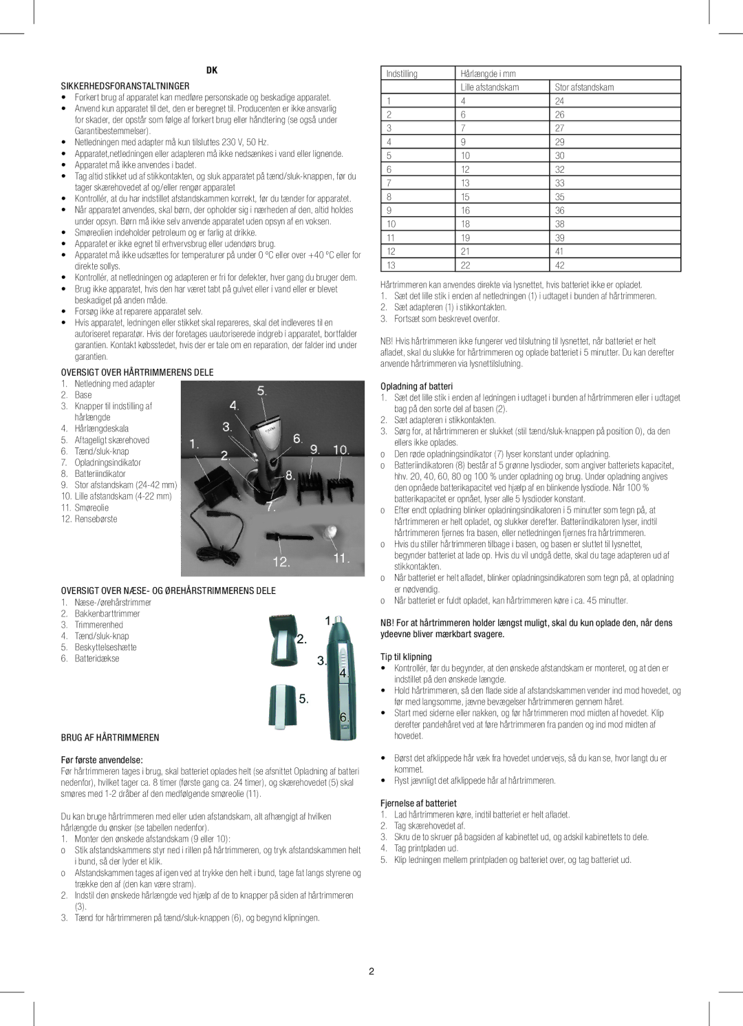 Melissa 638-149 manual Sikkerhedsforanstaltninger, Oversigt Over Hårtrimmerens Dele, Brug AF Hårtrimmeren 