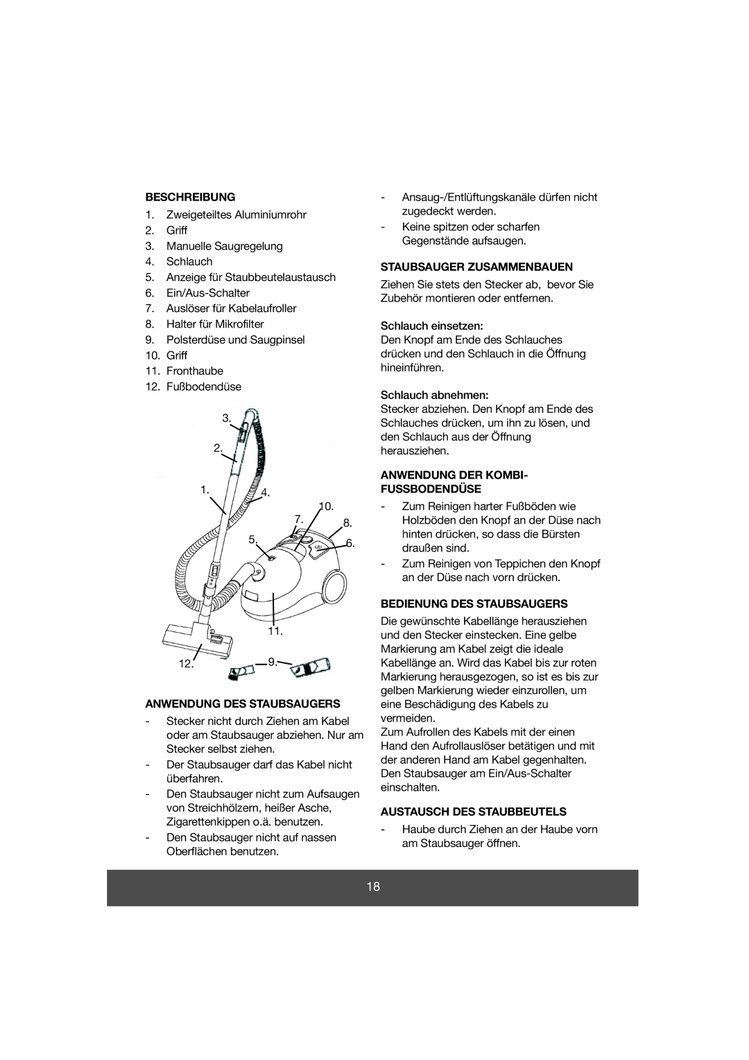 Melissa 640-037 Beschreibung, Anwendung DES Staubsaugers, Staubsauger Zusammenbauen, Anwendung DER Kombi Fussbodendüse 