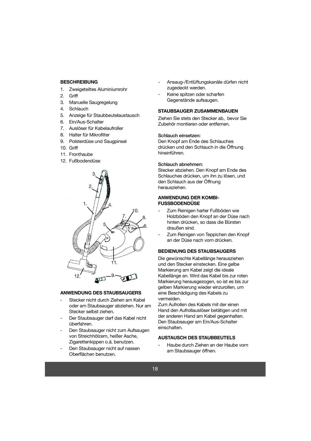 Melissa 640-038 Beschreibung, Anwendung DES Staubsaugers, Staubsauger Zusammenbauen, Anwendung DER Kombi Fussbodendüse 