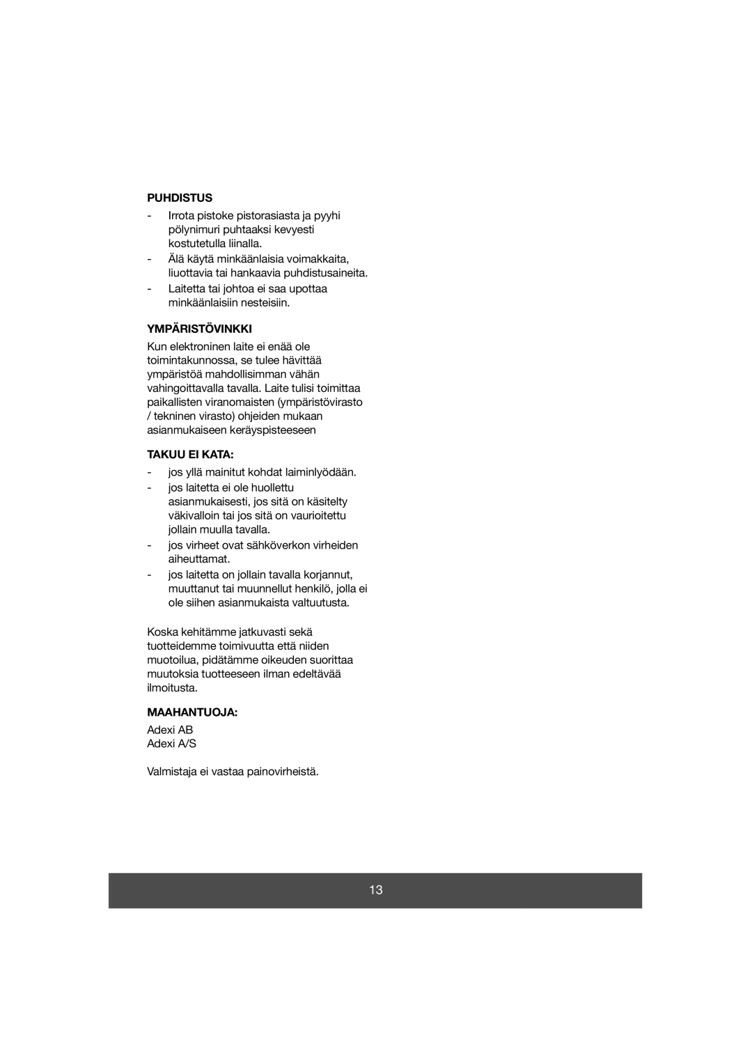 Melissa 640-038 manual Puhdistus, Ympäristövinkki, Takuu Ei Kata, Maahantuoja 