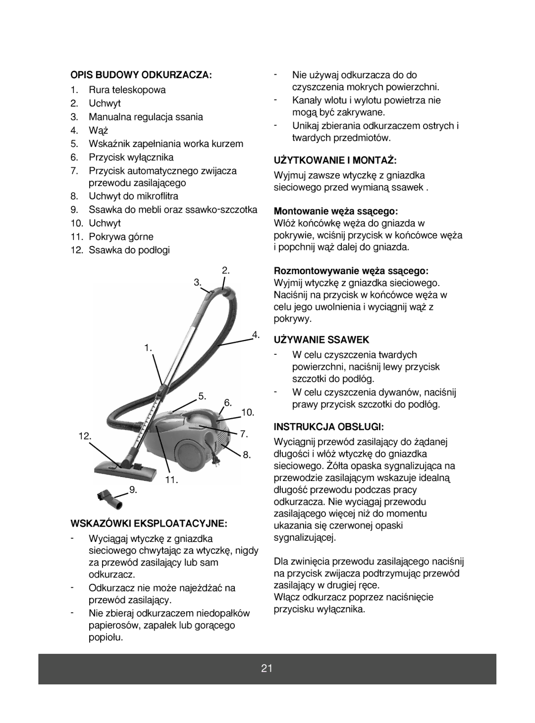 Melissa 640-043 manual Opis Budowy Odkurzacza, ˚Ytkowanie I Monta˚, ˚YWANIE Ssawek, Instrukcja OBS¸UGI 