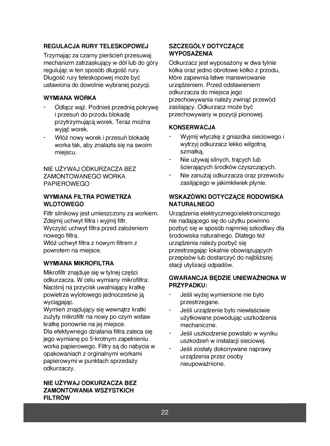 Melissa 640-043 manual Regulacja Rury Teleskopowej, Wymiana Worka, Wymiana Filtra Powietrza Wlotowego, Wymiana Mikrofiltra 