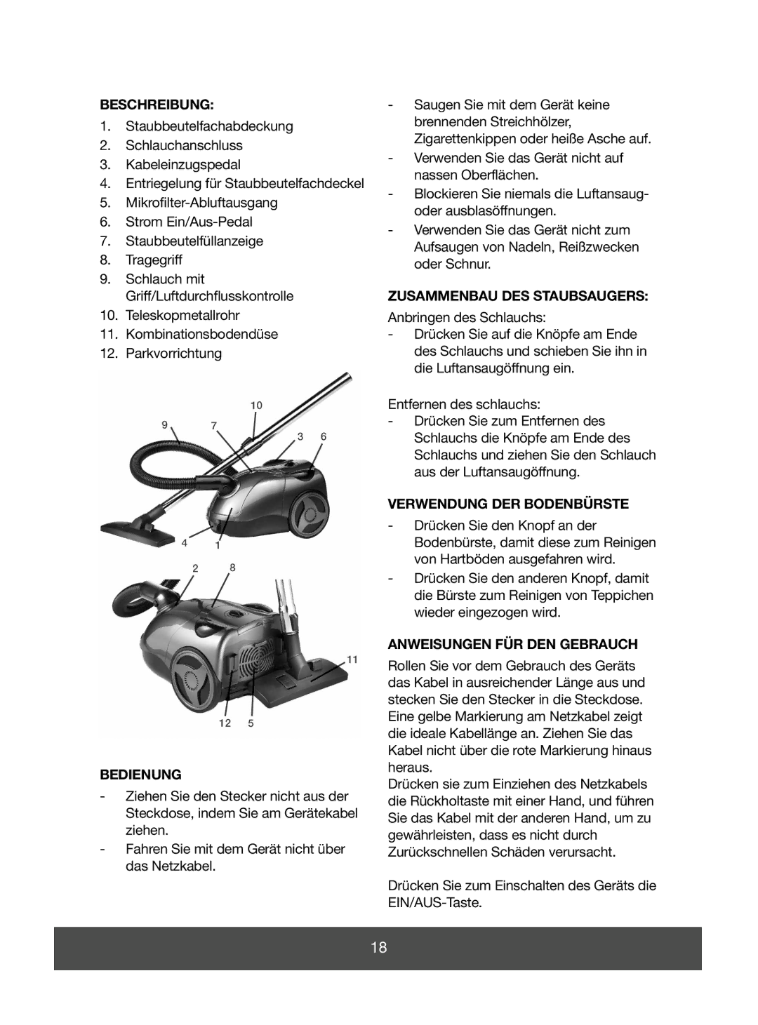 Melissa 640-045 manual Beschreibung, Bedienung, Zusammenbau DES Staubsaugers, Verwendung DER Bodenbürste 