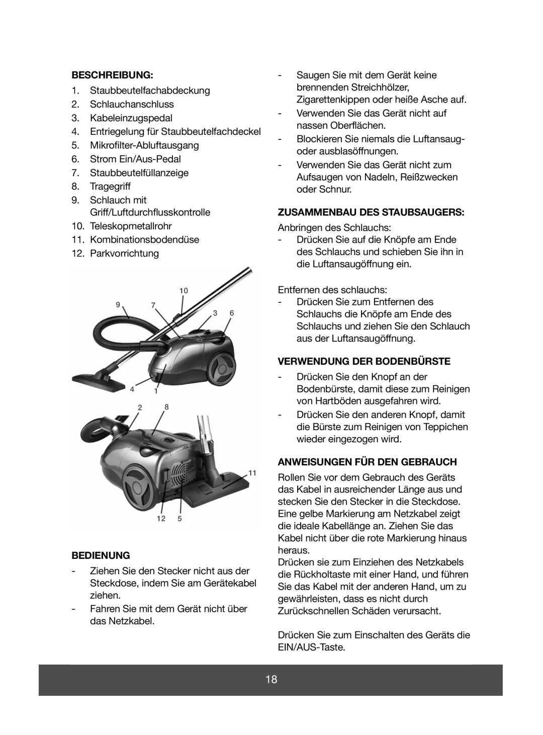 Melissa 640-045 manual Beschreibung, Bedienung, Zusammenbau Des Staubsaugers, Verwendung Der Bodenbürste 
