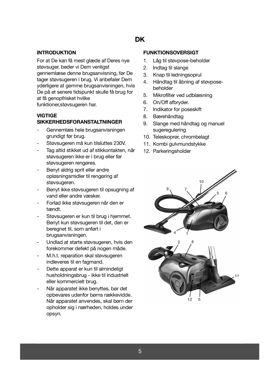 Melissa 640-045 manual Introduktion, Vigtige Sikkerhedsforanstaltninger, Funktionsoversigt 