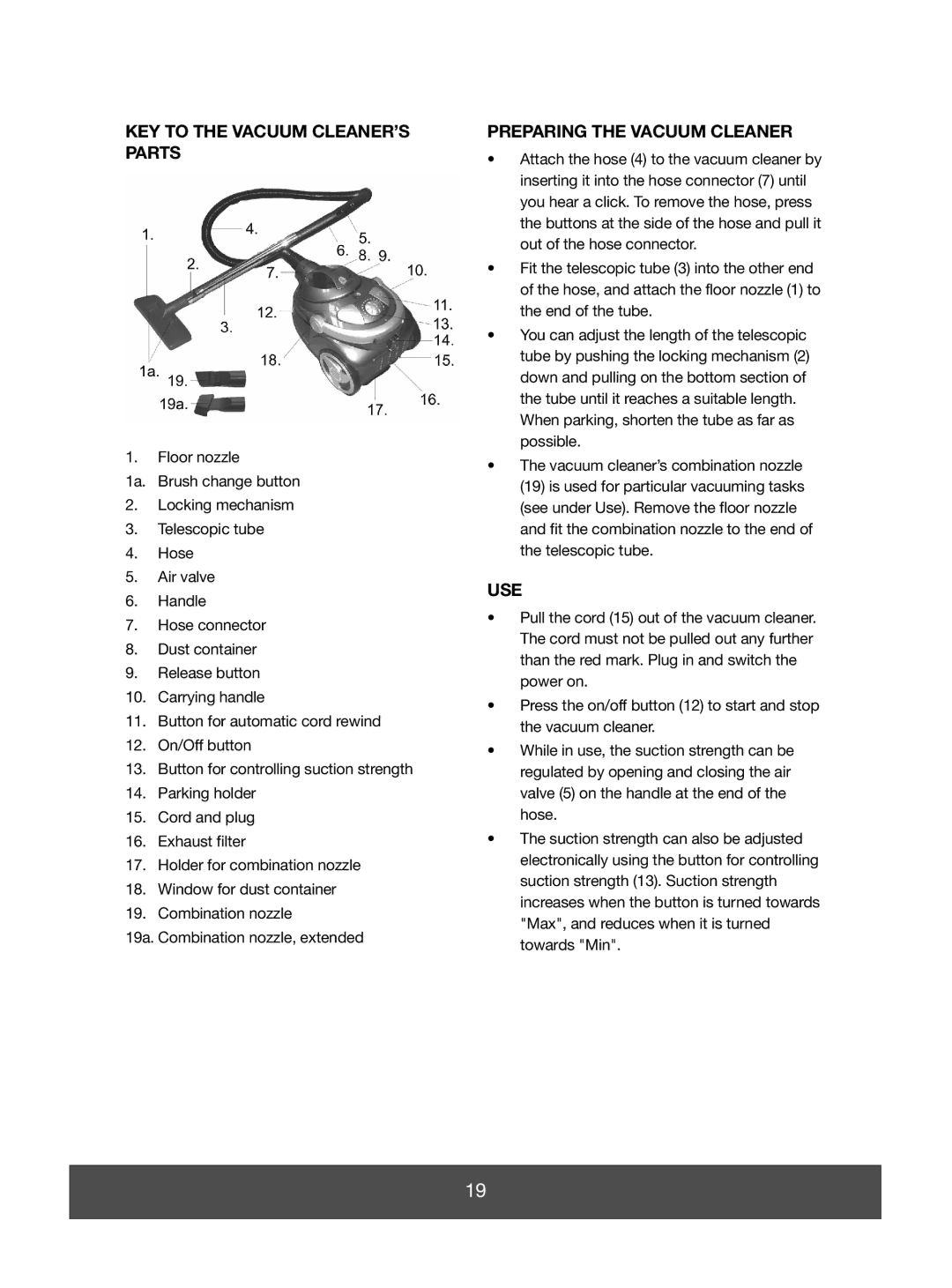 Melissa 640-046 manual KEY to the Vacuum CLEANER’S Parts, Preparing the Vacuum Cleaner, Use 