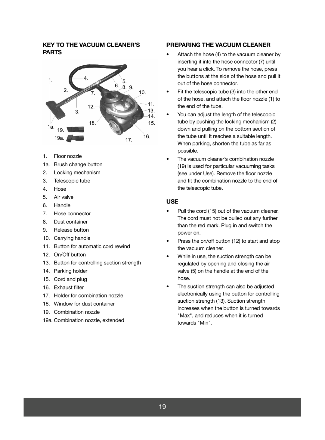 Melissa 640-046 manual Key To The Vacuum Cleaner’S Parts, Preparing The Vacuum Cleaner 