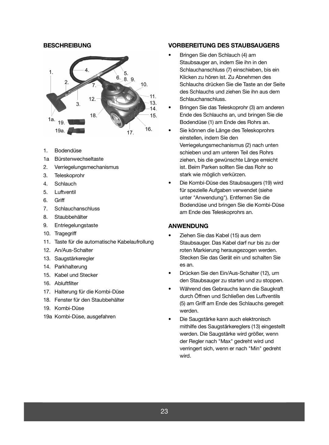 Melissa 640-046 manual Beschreibung, Vorbereitung Des Staubsaugers, Anwendung 
