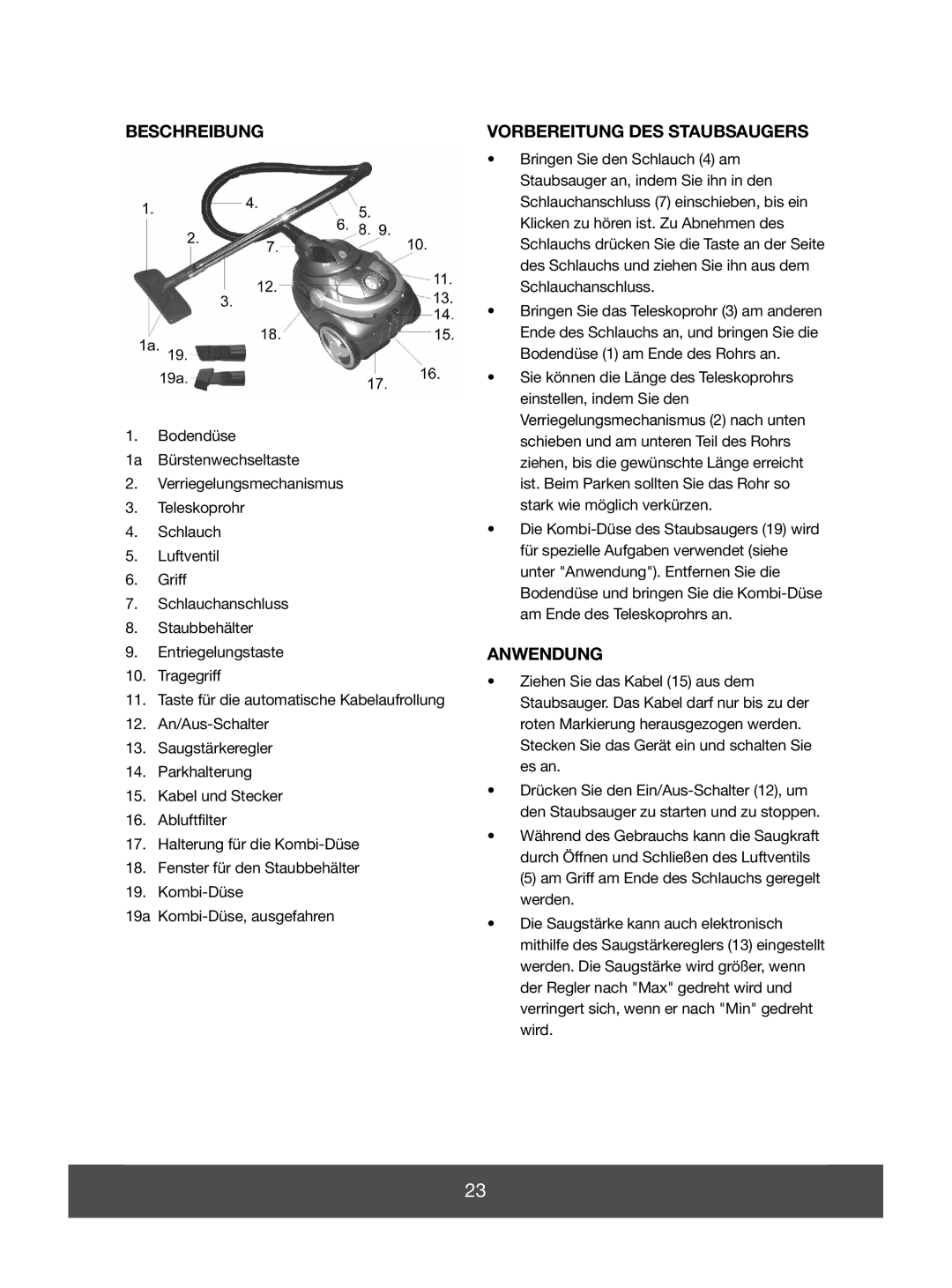 Melissa 640-048 manual Beschreibung, Vorbereitung Des Staubsaugers, Anwendung 