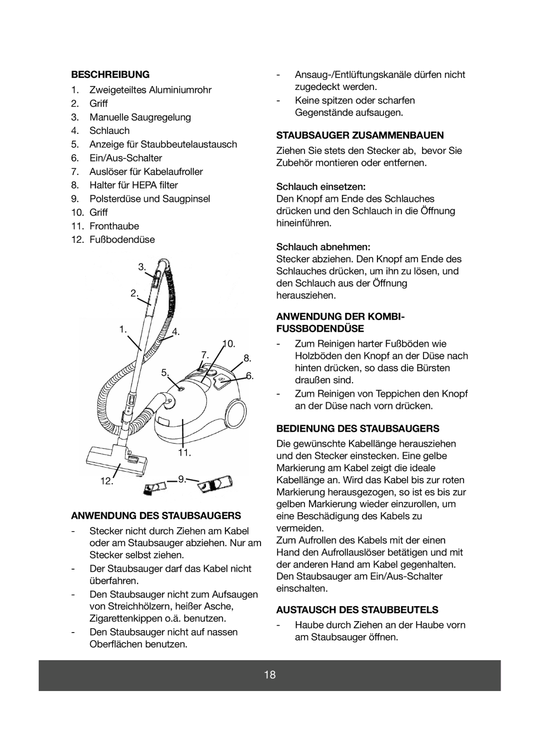 Melissa 640-049 Beschreibung, Anwendung DES Staubsaugers, Staubsauger Zusammenbauen, Anwendung DER Kombi Fussbodendüse 